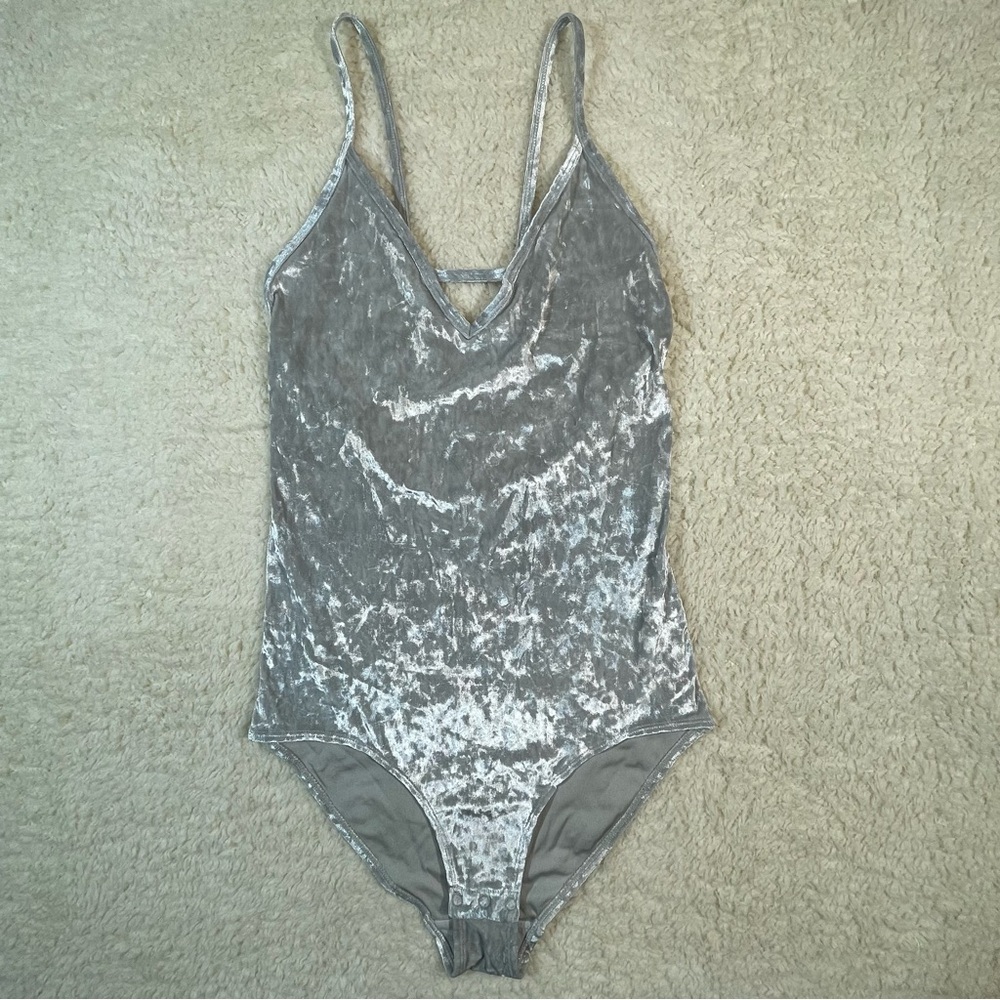 Flirtitude Silver Crushed Velvet Strappy Back Bodysuit Y2K Fairy Grunge Festival